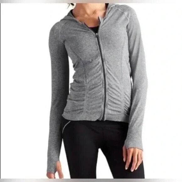 ATHLETA Women Ruched Front Zip Jacket Sz S Gray Hooded Long Sleeve hb-27 - Picture 1 of 16